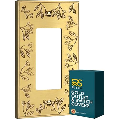 Rio Salto Floral Collection Brushed Brass Rocker Light Switch Plate, 1-Gang 5" x 3.13" Midsize Metal Wall Plates Decorative Outlet Cover Premium Heavy-Gauge Wall Plates