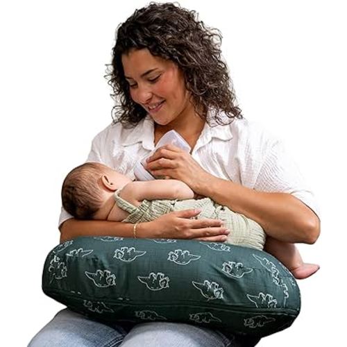 Boppy Nursing Pillow - Ergonomic Bottle & Breastfeeding Pillow with High, Firm, Large Area, Water-Repellent Cushion with Washable Cover; Baby Safety Alliance Verified - Forest Green Dinos