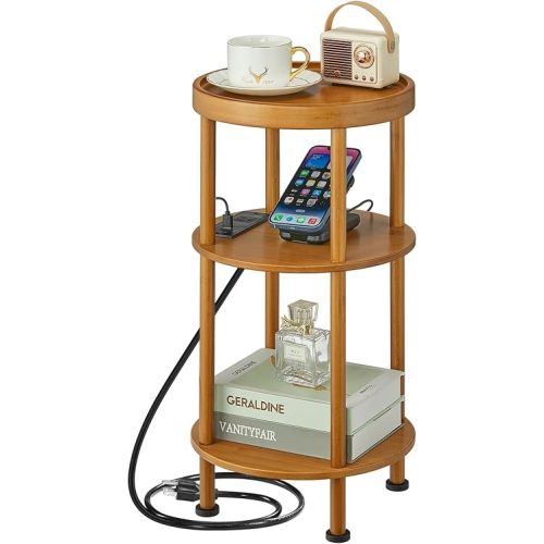 3-Tier Bamboo Round Side Table with Charging Station, Small Round Bamboo End Table with USB Ports & Power Outlets - Corner Table Sofa End Table for Living Room, Bedroom (with Outlet, Brown)
