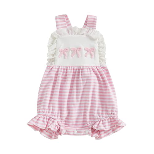 0-3M Baby Girl Summer Romper 6M Infant Blue Bodysuit Bows Letter Embroidery Striped Sleeveless Infant Jumpsuit