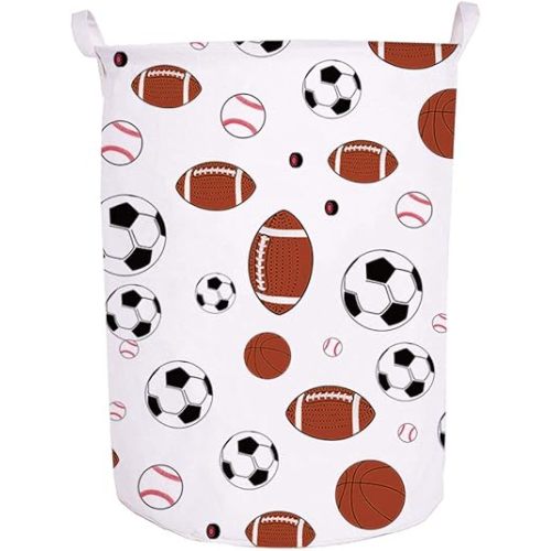 Runtoo 19.7" Large Sized Laundry Hamper Waterproof Foldable Canvas Sports Basketball Football Bucket Clothing Basket with Handles for Storage Bins Kids Room Home Organizer Nursery (sport theme)