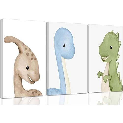 Dinosaur Wall Art Nursery Wall Decor Watercolor Dinosaur Posters Kids Room Canvas Funny Animals Prints neutral dino Pictures Boy Girl Nursery Bedroom Painting Ready to Hang Decorations Framed (Beige, 12x16in canvas)