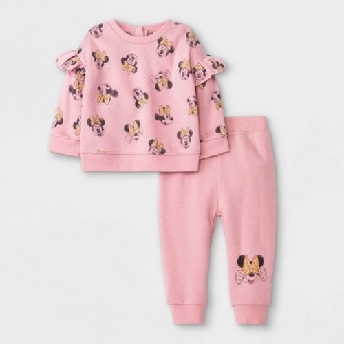 Baby Girls' 2pc Minnie Mouse Long Sleeve Fleece Pullover and Jogger Set - Pink 12M