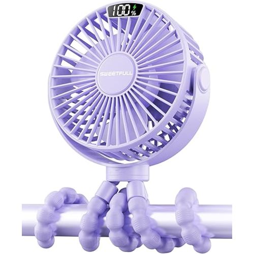SWEETFULL Portable Stroller Fan with Display 4000mAh Battery Powered Mini Clip On Fan, 4-Speed Rechargeable Small Personal Cooling for Baby Car Seat Crib Travel - Purple