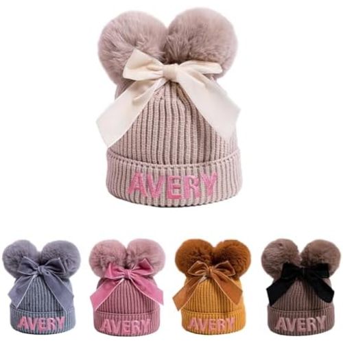 Custom Baby Beanie Hats, Personalized Name Double Bobble Embroidered Knit Hat with Bow, Warm Infant Toddler Winter Hat