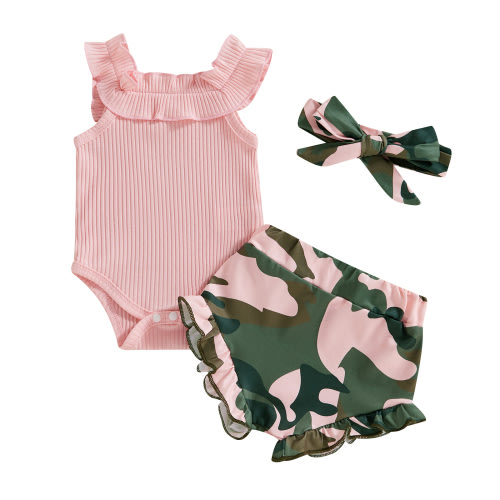 Musuos Baby Girls Shorts Set,3M 6M 12M 18M Pink Sleeveless Romper with Camouflage Shorts and Hairband Summer Outfit