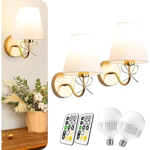 Battery Operated Wall Sconces Lights Set of Two Remote Control, Antique Brass Bow Sconces Rechargeable Battery Powered Wall Lights Dimmable LED 2700K-6000K 16 Color Temperatures