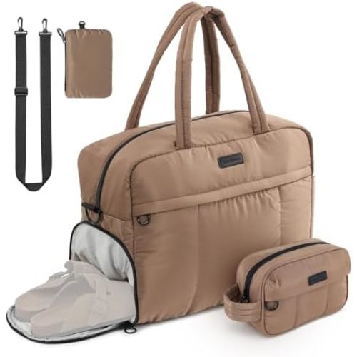 Travel Duffel Bag, Puffy Sports Tote Puffer Gym Bag with Toiletry Bag & Shoes Compartment, Quilted Weekender Overnight Bag for Women (Brown)
