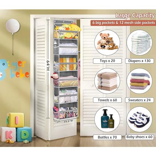 MISSLO Over the Door Organizer Hanging Storage with 6 Large Pockets 12 Side Pockets Closet Door Organizer Heavy Duty Baby Organization for Bathroom, Pantry, Bedroom, Nursery, Clothes, Toys, Diapers - Grey - 15.5x64