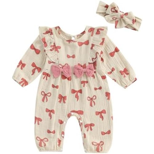 NZNDSHD Newborn Baby Girl Romper Long Sleeve Jumpsuit Cute Bow Print One Piece Clothes Fall Winter Outfit with Headband
