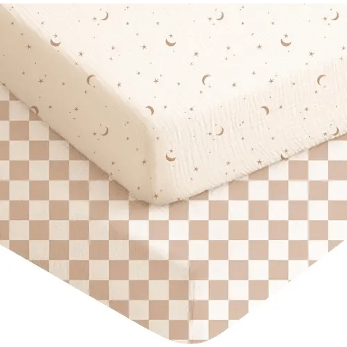 Konssy Muslin Crib Sheets for Boys, Soft Cotton Neutral Baby Sheets for Standard Crib Mattress 2 Pack, 52"x28" (Coffee Check,Moon)