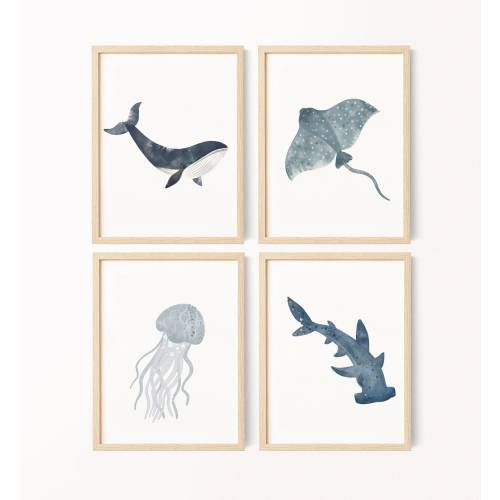 Ocean Print Wall Art, Nautical Kids Room, Watercolor Digital Print, Whale Shark Jellyfish Stingray Wall Decor, Sea Animals Nursery Wall Art