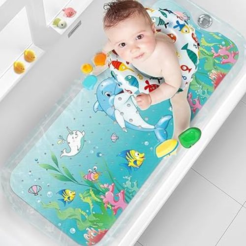 XIYUNTE Baby Bath Mat for Tub Non Slip, 40''x16'' Extra Long Bathtub Mat Non Slip Kids Bath Mat, Safety Kids Bath Tub Mat with Suction Cups and Drain Holes, Machine Washable,Dolphin