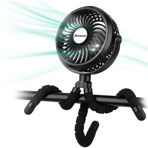 Battery Operated Stroller Fan Flexible Tripod Clip On Fan with 3 Speeds and Rotatable Handheld Personal Fan for Car Seat Crib Bike Treadmill (Black)