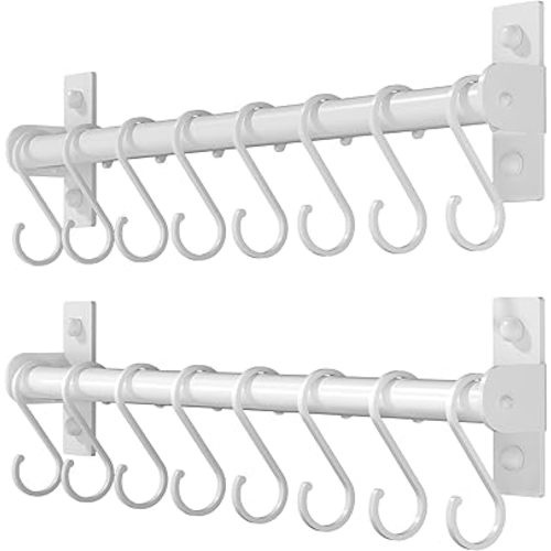 Dseap Kitchen Utensil Holder Hanger, Pot and Pan Rack Wall Mounted, Kitchen Rail with 8 Hooks for Hanging Cooking Utensils, Mugs, Spoons, Wall Mounted, White, Pack of 2