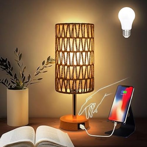 Yarra-Decor Bedside Lamp with USB Port - Touch Control Table Lamp for Bedroom (Rattan2)