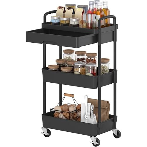 Dttwacoyh 3-Tier Rolling Cart,Trolley with Drawer, Multifunctional Storage Organizer with Plastic Shelf & Metal Wheels, Kitchen Storage Cart for Living Room, Kitchen, Office, Bathroom, Black