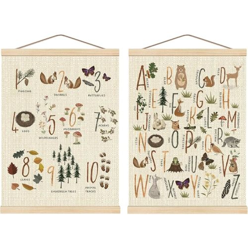 Boat Wades Numbers Animals Alphabet Poster Hanger Frame Set of 2, Forest Animal ABC 123 Educational Wall Art Hanging Banner Decor for Nursery Playroom Classroom Homeschool,12x16