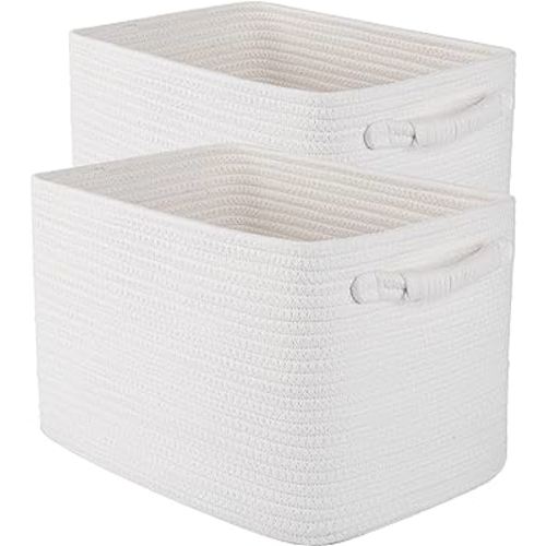OIAHOMY Storage Basket, Woven Baskets for Storage, Toy Basket, Decorative Storage Bins, Nursery Basket With Handles, Rope Basket for Living Room, Storage Baskets for Shelves-Pack of 2 (White)