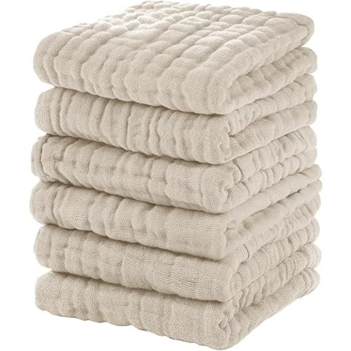Muslin Baby Washcloths 6 Pack, 100% Cotton Wash Cloths for Babies, Large 12''X12'' Burp Cloths Absorbent and Soft for Newborn Infants Kids Boys Girls - Apricot