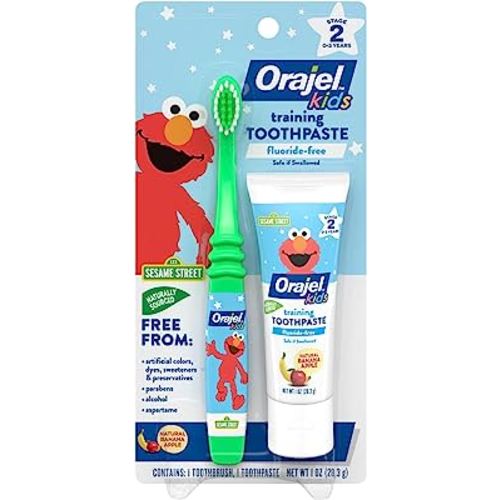 Orajel Elmo Fluoride-Free Tooth & Gum Cleanser with Toothbrush, Combo Pack, Banana Apple Flavored Non-Fluoride, 2 Piece Set