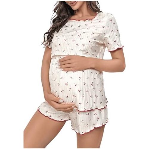OYOANGLE Women's Maternity 2 Piece Pajama Set Pj Sets Loungewear Nursing Printed Knitted T Shirt and Shorts