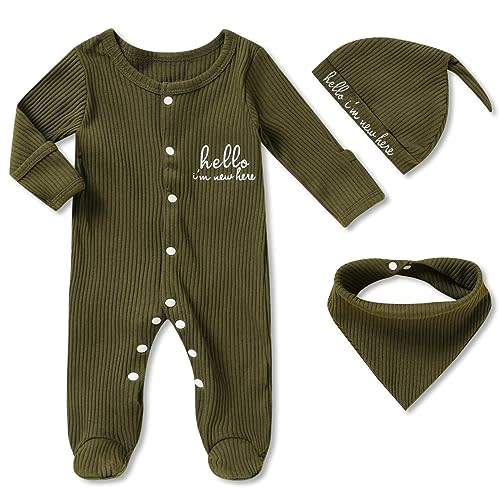 ZOELNIC Newborn Infant Baby Boy Coming Homing Clothes Letter Print Button Knit Footed Romper Jumpsuit Hat Bibs 3pcs Outfit