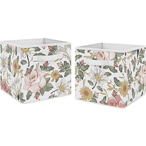 Sweet Jojo Designs Vintage Floral Boho Foldable Fabric Storage Cube Bins Boxes Organizer Toys Kids Baby Childrens - Set of 2 - Blush Pink, Yellow, Green and White Shabby Chic Rose Flower Farmhouse