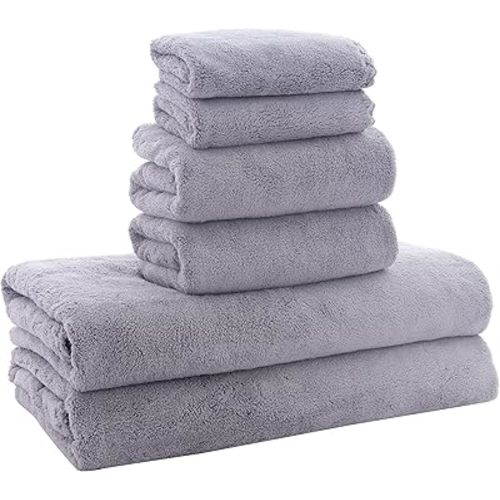 MOONQUEEN Ultra Soft Towel Set - Quick Drying - 2 Bath Towels 2 Hand Towels 2 Washcloths - Microfiber Coral Velvet Highly Absorbent Towel for Fitness, Bathroom, Sports, Yoga, Travel-Grey 6 Pcs