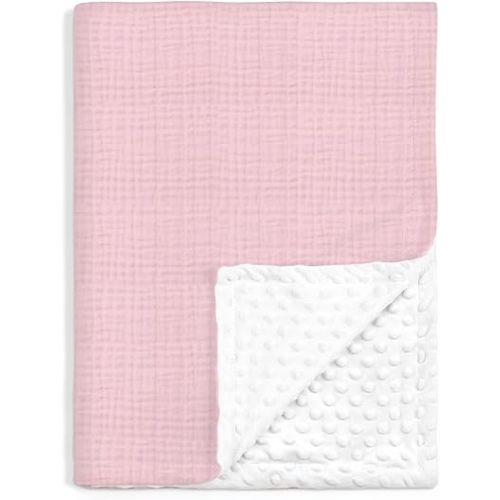 Baby Blankets for Girls, Soft Nursery Minky Blankets with Muslin and Dotted Fleece Back 30x40 inches, Receiving Bed Quilt for Newborn, Infants, Toddlers (Pink)