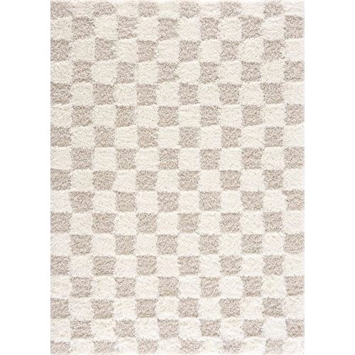 Hauteloom Marshmallow Modern Checkered Shag Area Rug - High Pile Fluffy Shaggy Carpet for Kids Room, Nursery, Living Room, Bedroom - Beige, Cream, White - 6'7" X 9'6" (6x9)