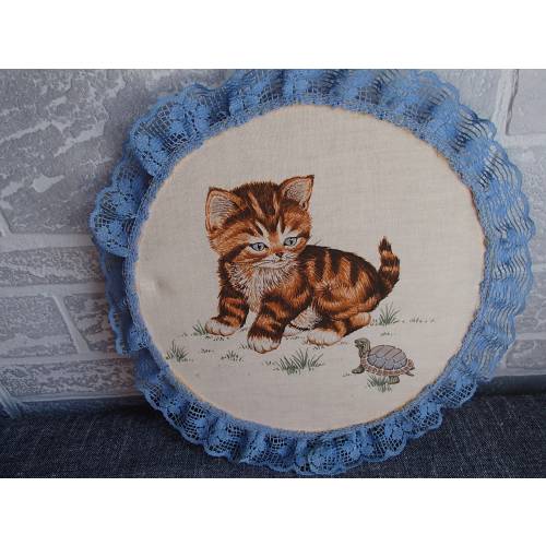 1970s Kitty and Turtle Fabric embroidery hoop Wall Hanging
