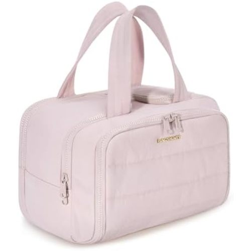 BAGSMART Travel Toiletry Bag, Crush Toiletry Bag for Women, Wide-open Puffy Toiletry Bags for Traveling, Large Travel Cosmetic Makeup Bag Organizer for Accessories,Toiletrie, Pink