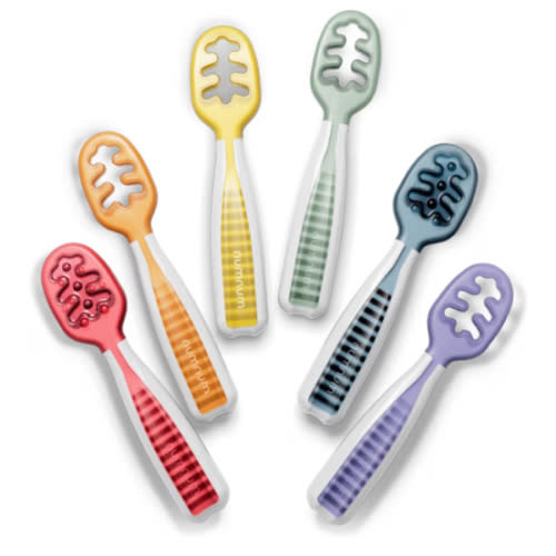 NumNum Baby Spoons Set, Baby Essentials Pre-Spoon GOOtensils for 6+ Months, First Stage Self-Feeding Spoons for Baby Led Weaning (BLW), Silicone Toddler Utensils, BPA-Free, 6 Pack Rainbow