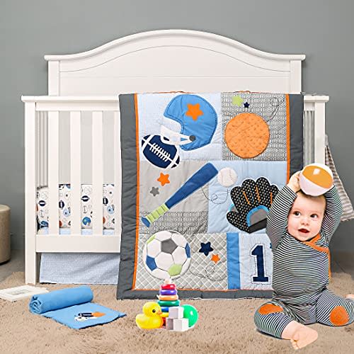Brandream Sport Baby Crib Bedding Sets - No.1 Champ Ball Theme Boys Nursery Set | 3-Piece Nursery Set | Baby Quilt, Fitted Crib Sheet, Dust Ruffled Included - Blue & Grey