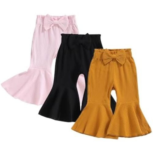 Toddler Baby Girl 3-Pack Ribbed Bell Bottom Solid Stretchy Ruffle Leggings Trouser Infant Flare Pant - 18-24 Months - Pink+black+brown
