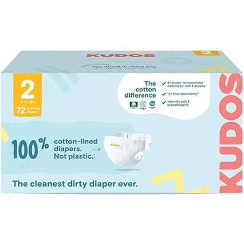 Kudos Chlorine Free Premium Diapers - 100% Cotton-Lined, Size-2, 6-16 lbs, 72 Count