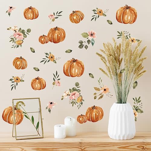 Fall Wall Stickers Watercolor Pumpkin Floral Wall Decals Small Room Mural Stickers for Autumn Harvest Thanksgiving Home School Office Party Decor, 7.9 x 11.8 Inch, 9 Sheets