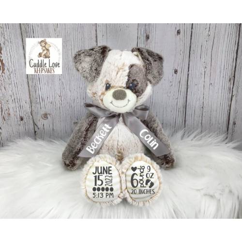 Puppy Dog Birth Stats Stuffed Animal, Personalized Plush Puppy Dog Birth Announcement, Custom Plush Dog Newborn Baby Boy Girl, Birth Stats
