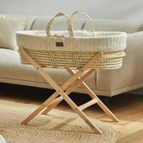 Organic Knitted Moses Basket, Mattress & Stand - Linen