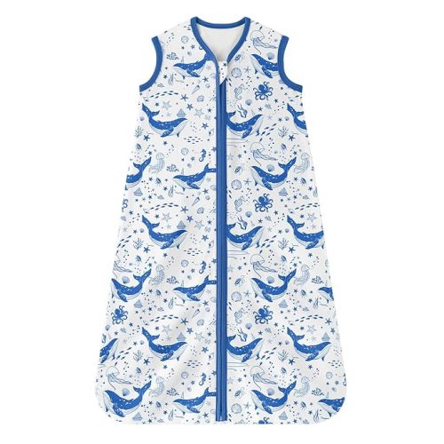 Baby Sleep Sack 0-6 Months, 100% Cotton Sleep Sack for Newborn, Wearable Blanket Baby, 0.5 Tog Lightweight Double Zipper Sleeping Bag Blue Whale 1 Pack