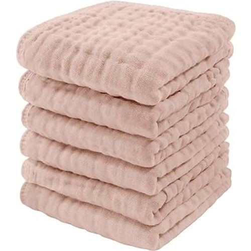 Baby Washcloths, Muslin Cotton Towels, Large 10”x10” Wash Cloths Soft on Sensitive Skin, Absorbent for Boys & Girls, Newborn Baby & Toddlers Essentials Shower Registry Gift (Blush, Pack of 6)