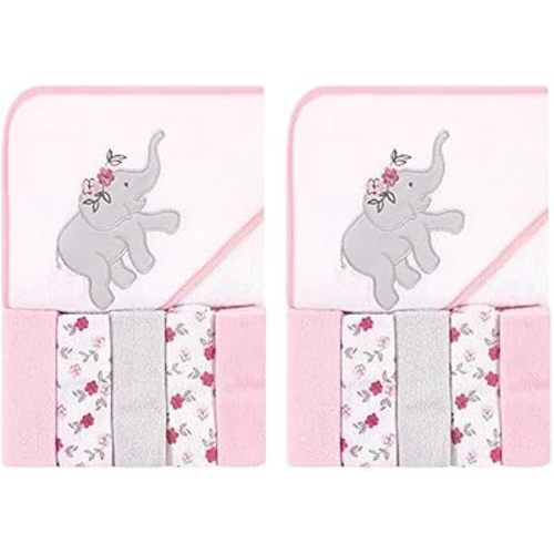 Hudson Baby Unisex Baby Hooded Towel and Five Washcloths, Floral Elephant, One Size (Pack of 2)