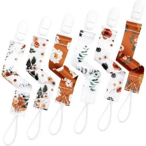 Neutral Pacifier Clip Set, 6 Pack Pacifier Holder Clip for Boys and Girls, Stylish and Practical Baby Binky Teethers, Baby Shower (Vintage Blooms)