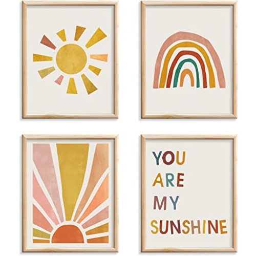 Boho Rainbow Nursery Art Set of 4 - You Are My Sunshine Wall Prints, Kids Room Decor