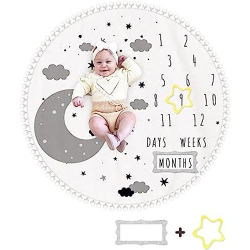 HAN-MM Baby Milestone Monthly Blanket with Double-Sided Milestone Cards and Circle Ring Play Mat Large(43.3" X43.3') Double Sided Pom Pom Ball Thick Flannel Round Rug for Boy Girl (Moon)