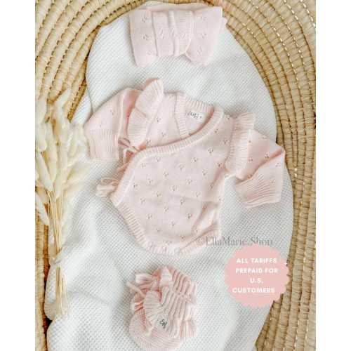 Newborn girl coming home outfit, knit baby girl ruffle romper, wrap bodysuit, baby announcement, infant gender reveal, baby shower gift