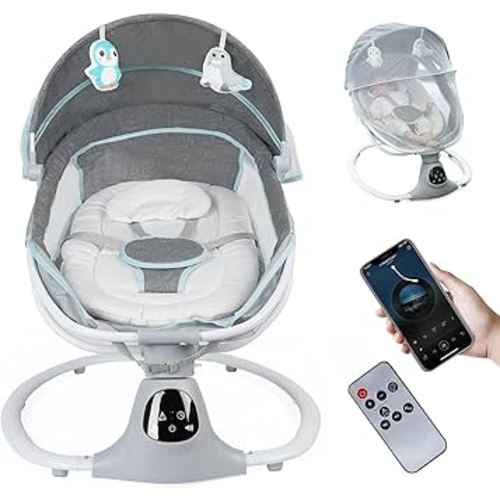 Electric Baby Swing for Infants to Toddler, Portable Swing Baby Rocker with 5 Point Harness, 5 Sway Speed, Bluetooth,12 Preset Lullabies with Remote Control, Infant Swing for Baby Boys & Girls, Grey