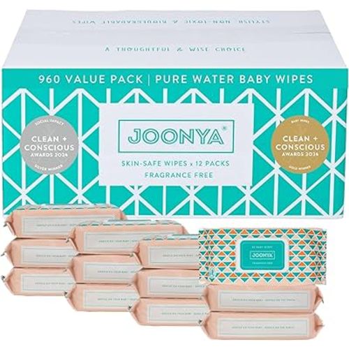 JOONYA Unscented Baby Wipes — Plant-Based, Fragrance-Free Bulk Diaper Wipes | Hypoallergenic, Non-Toxic & Biodegradable Wet Wipes for Sensitive Newborn Skin | 12 Packs of 80 Wipes (960 Total)