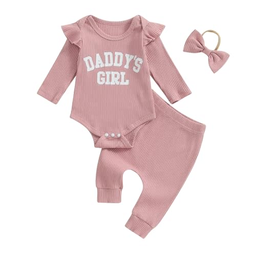 Tsnbre Newborn Baby Girl Outfits Daddys Girls Ruffle Long Sleeve Romper Top Pants Headband Infant Fall Winter Clothes